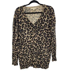 Michael Kors Leopard V-Neck Tunic Sweater L Brown Lightweight Layering Animal